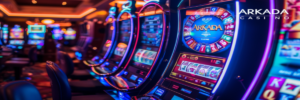 Игровые автоматы Arkada Casino с яркими дисплеями и неоновой подсветкой в элегантном игровом зале